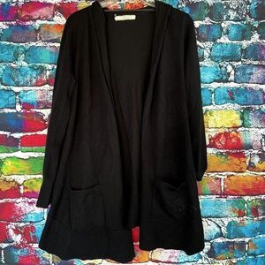 Pointelle Black Open Front Hooded Cardigan Sweater Size Medium